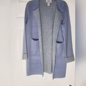 Oliver M WOOL ANGORA Blend Open Front Women Cardigan Sweater Pockets Blue Gray